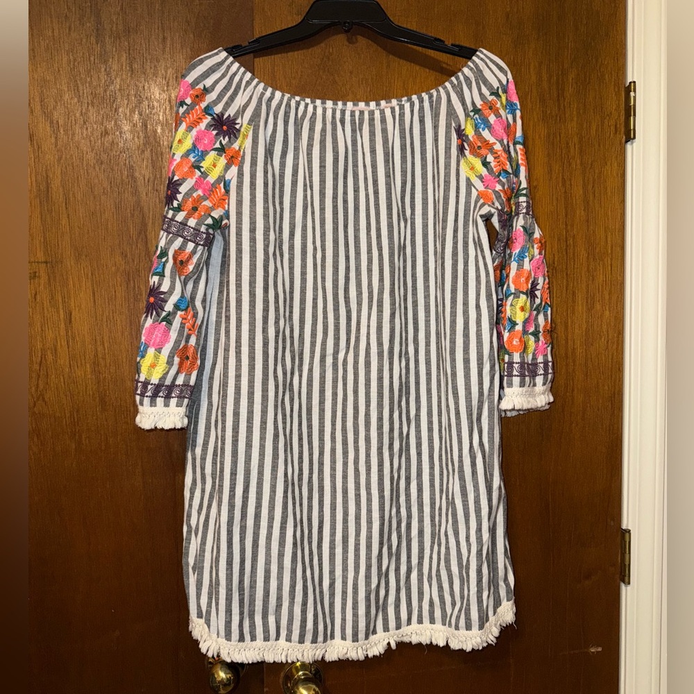 Philosophy Striped Mini Dress with Colorful Floral Embroidered Sleeves
